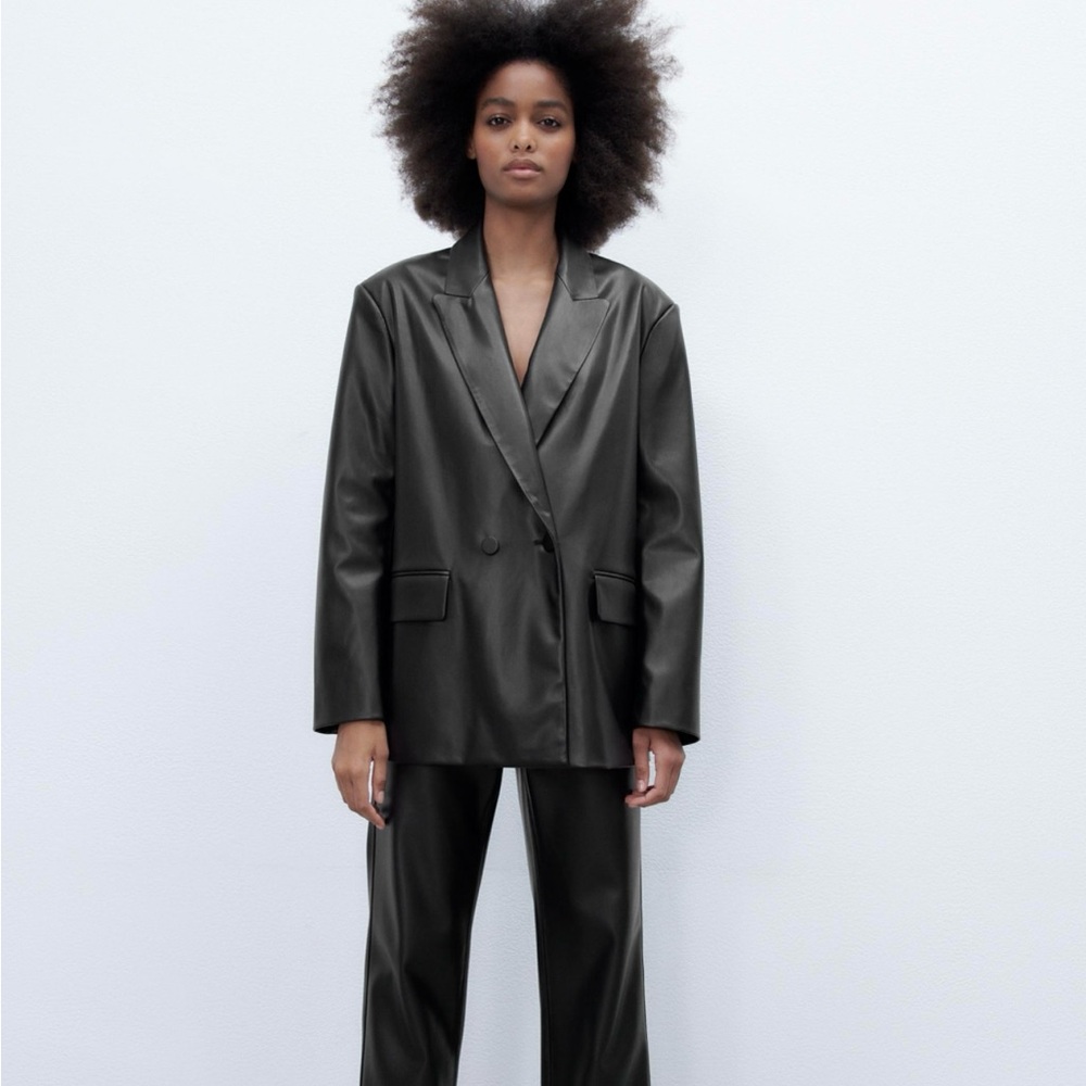 Zara Faux Leather Blazer Black NWT Structured Oversized Jacket Size S